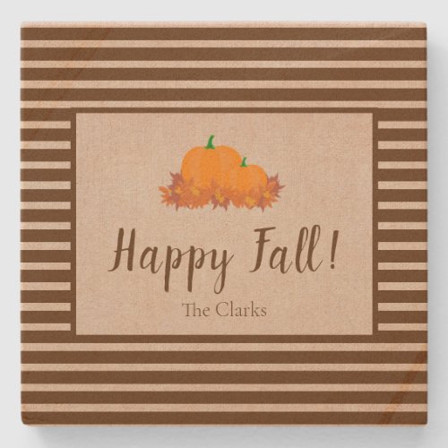 Happy Fall Striped Family Last Name Pumpkin Stone Coaster