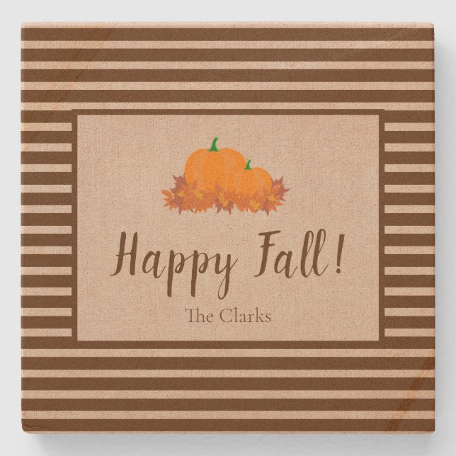Happy Fall Striped Family Last Name Pumpkin Stone Coaster (Front)