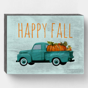 Happy Fall Vintage Pickup Truck and Pumpkins Wooden Box Sign