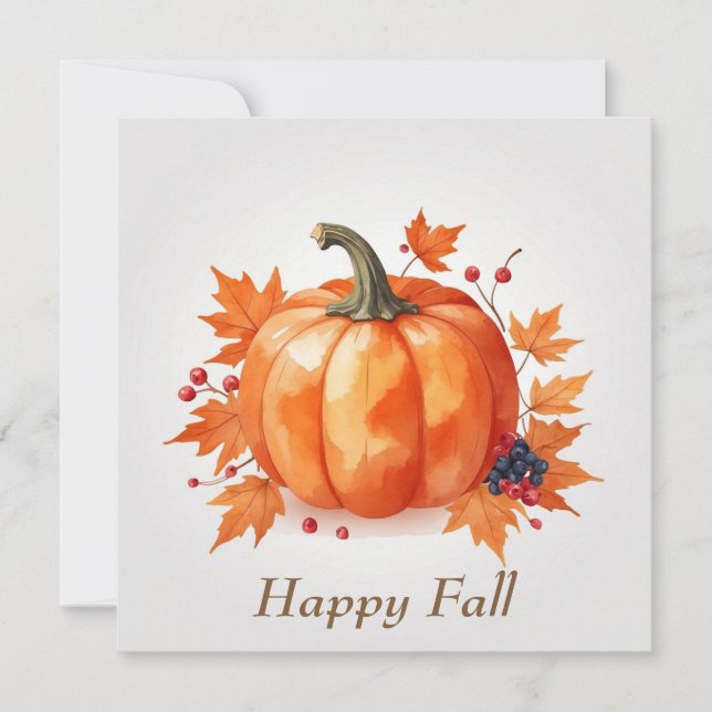 Happy Fall Watercolor Pumpkin, Berries, Leaves Holiday Card (Front)