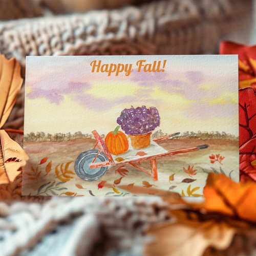 Happy Fall Watercolor Pumpkin Mums Wheel Barrow Postcard