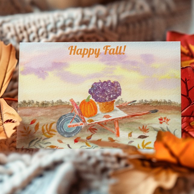 Happy Fall Watercolor Pumpkin, Mums, Wheel Barrow Postcard (Creator Uploaded)