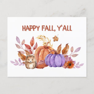 Happy Fall Watercolor Pumpkins and Hedgehog Postcard
