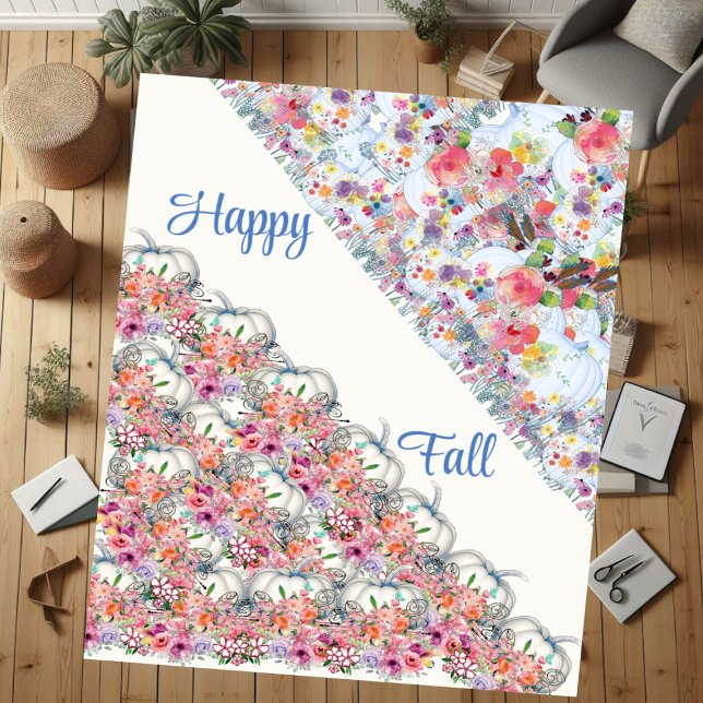 Happy Fall White Pumpkin Watercolor Floral Blooms  Sherpa Blanket (Happy Fall White Pumpkin Watercolor Floral Blooms Sherpa Blanket)
