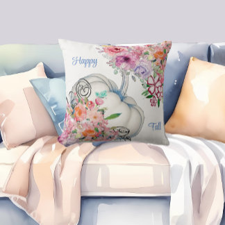 Happy Fall White Pumpkin Watercolor Floral Blooms Throw Pillow