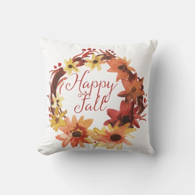 Happy Fall Wreath Throw Pillow (Front)