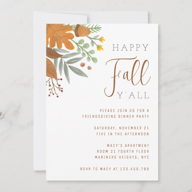 Happy Fall Y’all Autumn Fall Thanksgiving Dinner Invitation (Front)
