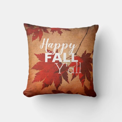 Happy Fall Yall Autumn Leaves Typography Throw Pillow