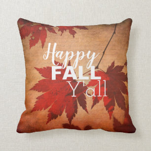 Happy Fall Y’all Autumn Leaves Typography Throw Pillow
