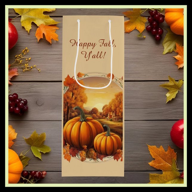Happy Fall Y’all Autumn Pumpkins Rustic Landscape Wine Gift Bag (Creator Uploaded)