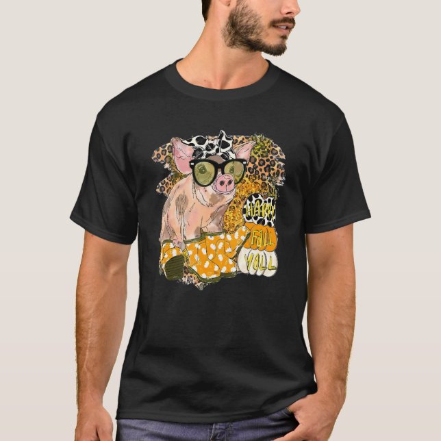 Happy Fall Y all Pig With Glasses Leopard Fall Far T-Shirt (Front)