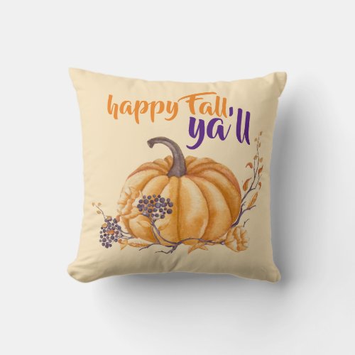 Happy Fall Ya ll Watercolor Pumpkin Orange Purple Throw Pillow