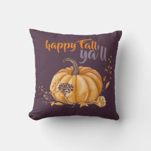 Happy Fall Ya ll Watercolor Pumpkin Purple Orange Throw Pillow