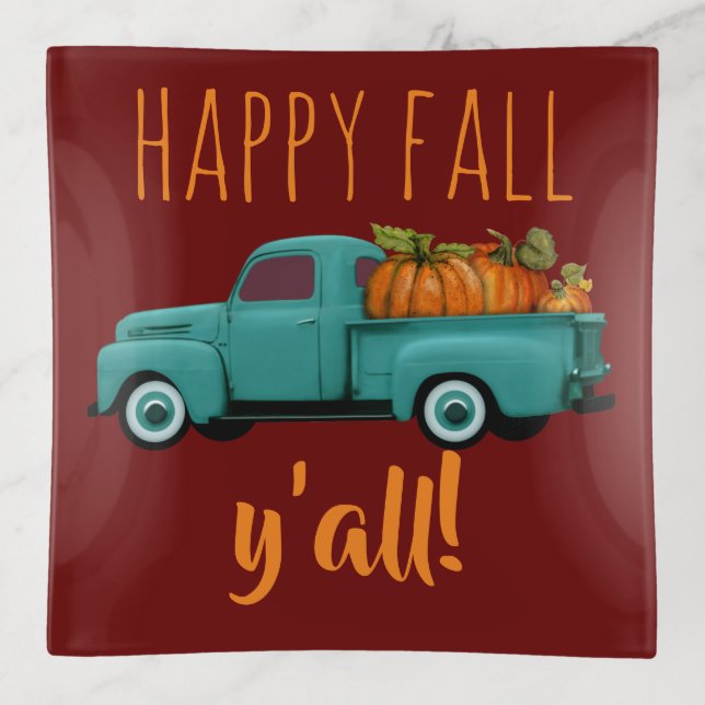 Happy Fall Y'all! Aqua Truck With Pumpkins Trinket Tray (Front)