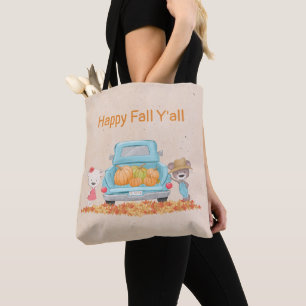 Happy Fall Y'all Autumn Bear Pumpkins in Truck Tote Bag