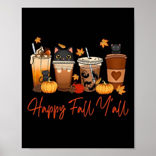 Happy Fall Y'all Autumn Black Cat Fall Pumpkin Spi Poster (Front)