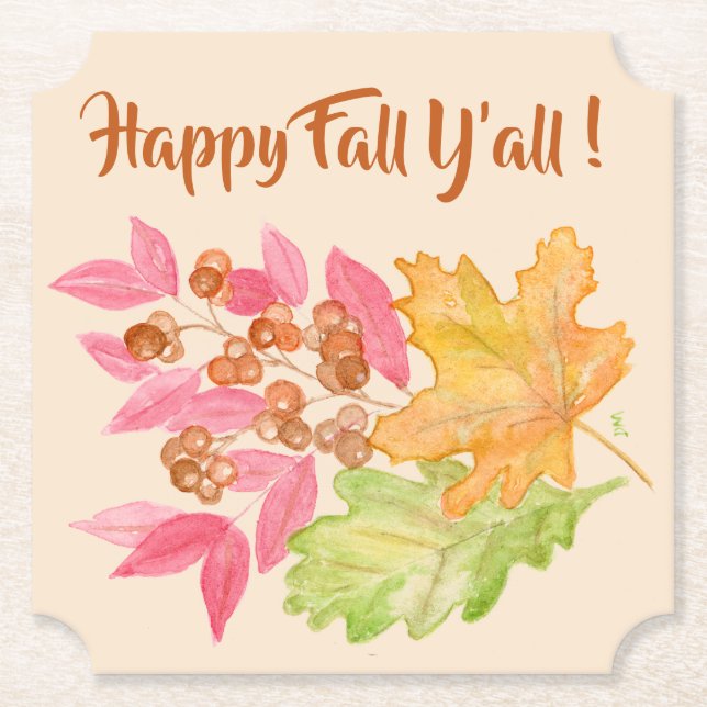 Happy Fall Y'all ! Autumn Leaves  Paper Coaster (Front)