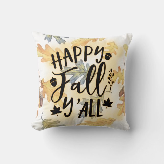 Happy Fall Y'all Autumn Leaves Throw Pillow (Front)