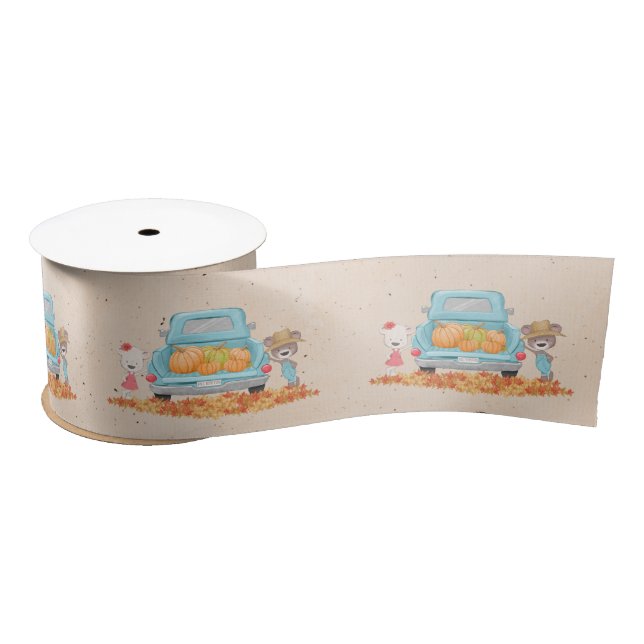 Happy Fall Y'all Autumn Theme Bears Pumpkin Truck Satin Ribbon (Spool)