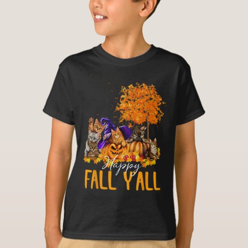 Happy Fall Yall Cats Lover Autumn Pumpkin Maple H T_Shirt