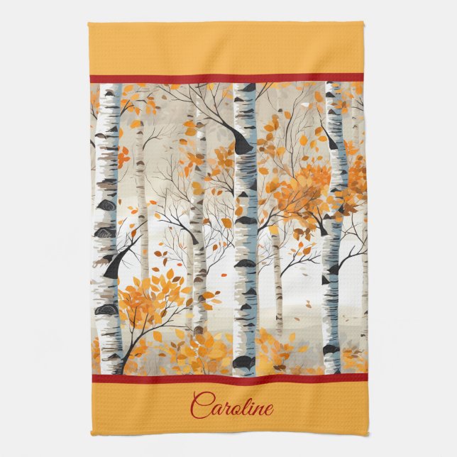 Happy Fall Y'All - Colorful Birch Tree Foliage Kitchen Towel (Vertical)