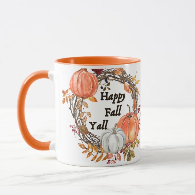 Happy Fall Y'all: Cozy Autumn Pumpkin and Leaves Mug (Left)