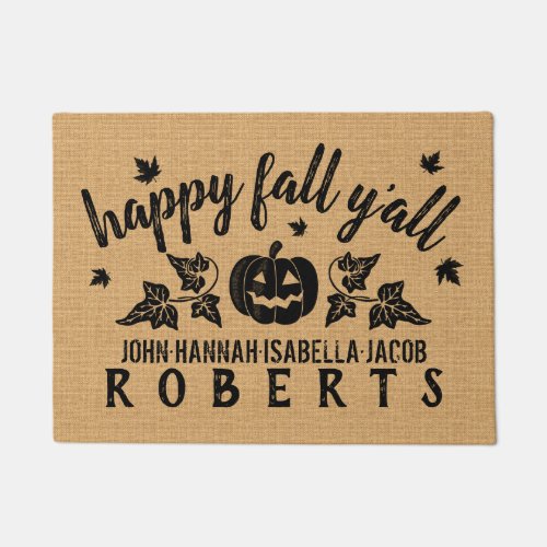 Happy Fall Yall Custom Rustic Burlap Pumpkin Leaf Doormat