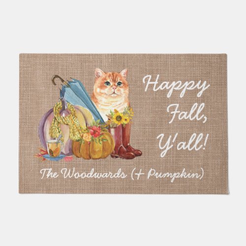 Happy Fall Yall Cute Cat Personalized Watercolor Doormat