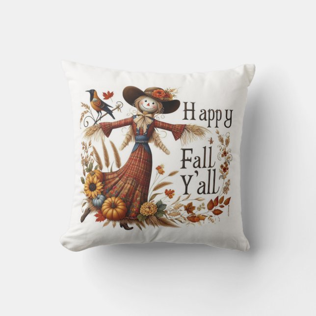Happy Fall Ya'll Cute Scarecrow and Autumn Foliage Throw Pillow (Front)