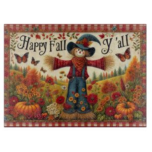Happy Fall Ya'll Cute Scarecrow and Autumn Harvest Cutting Board