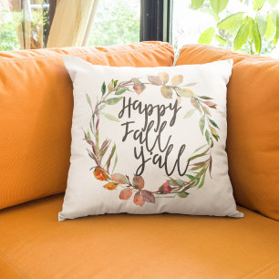Happy Fall Y'all Fall Boho Watercolor Leaves Throw Pillow