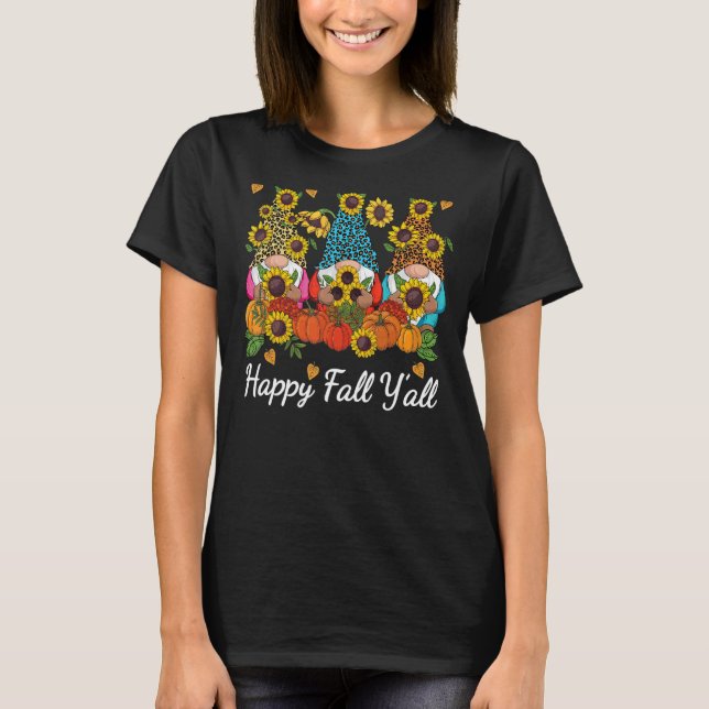 Happy Fall Y'all Gnome Leopard Pumpkin Autumn T-Shirt (Front)