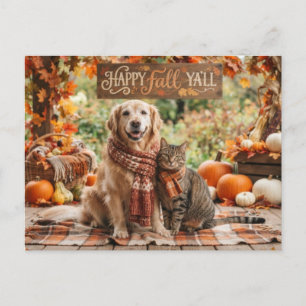 Happy Fall Y'all Golden Retriever and Cat Postcard