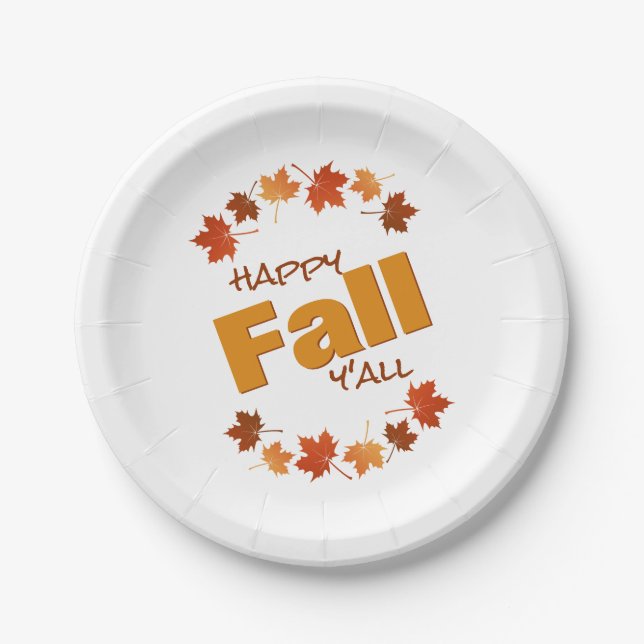 happy fall y'all greeting autumn maple leaves paper plates (Front)