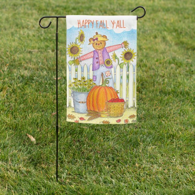 Happy Fall Y'All Harvest Scarecrow Bear Garden Flag (In SItu)