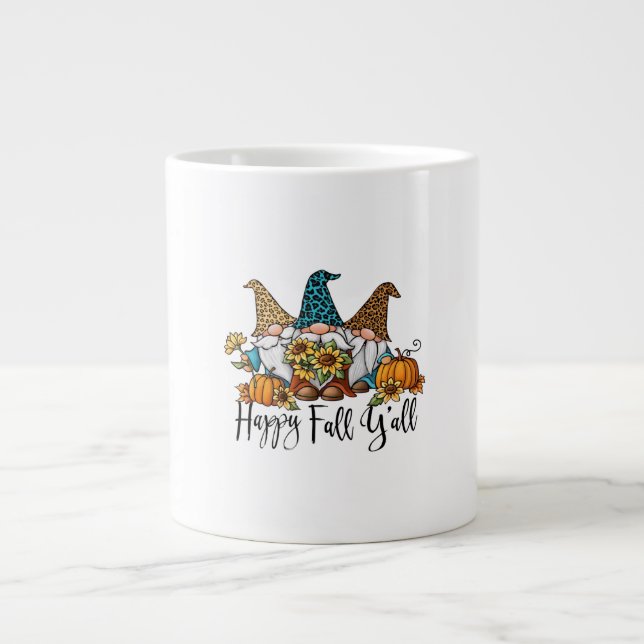 Happy Fall Y'all Leopard Gnome Giant Coffee Mug (Front)