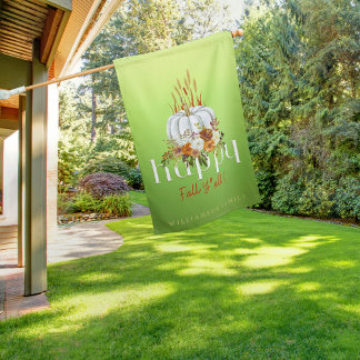 Happy Fall Y'all Modern Green Floral Pumpkin House Flag