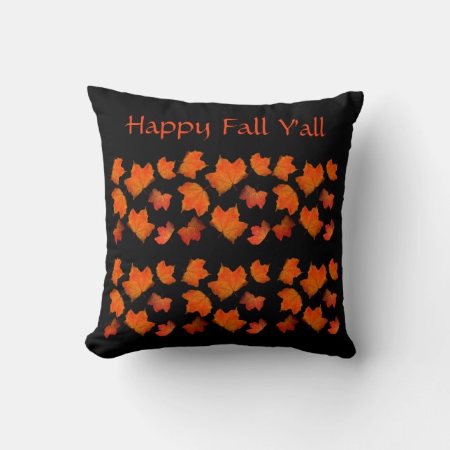 Happy Fall Y'all Orange Black Autumn Leaves Cozy Throw Pillow (Front)
