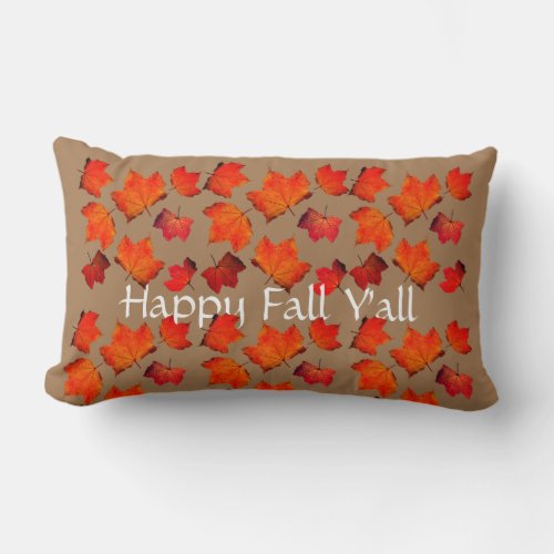 Happy Fall Yall Orange Leaves White Brown Rustic Lumbar Pillow