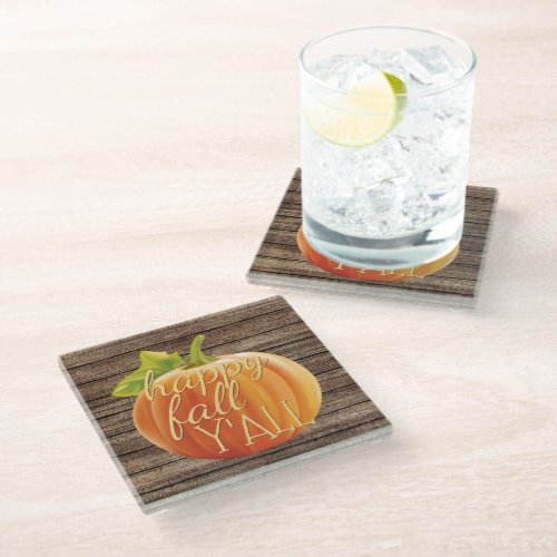 Happy Fall Yall Orange Pumpkin on Planks Pattern Glass Coaster