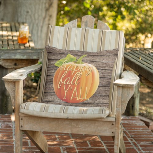 Happy Fall Yall Orange Pumpkin on Planks Pattern Outdoor Pillow