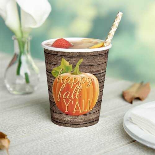 Happy Fall Yall Orange Pumpkin on Planks Pattern Paper Cups