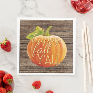 Happy Fall Y'all Orange Pumpkin on Planks Pattern Paper Dinner Napkins