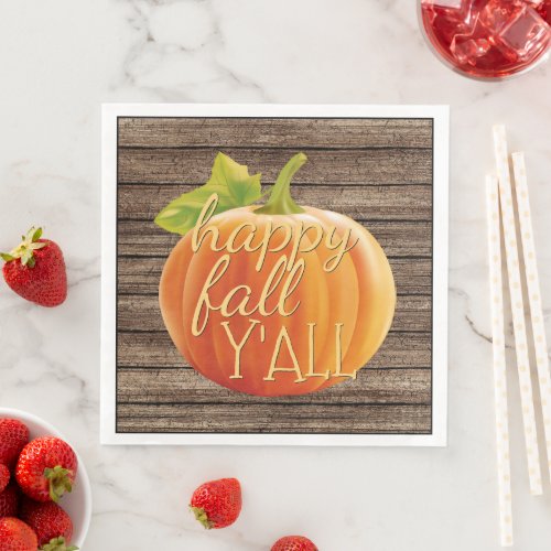 Happy Fall Yall Orange Pumpkin on Planks Pattern Paper Dinner Napkins