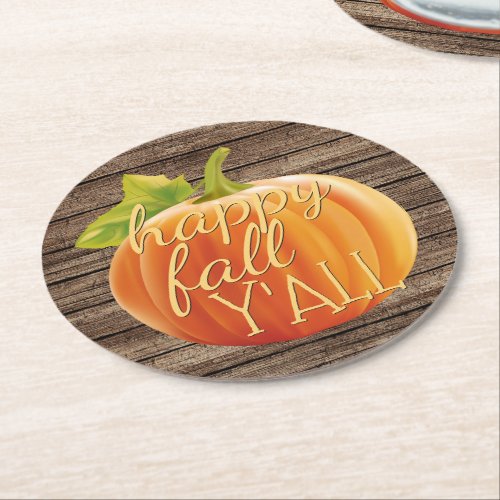 Happy Fall Yall Orange Pumpkin on Planks Pattern  Round Paper Coaster