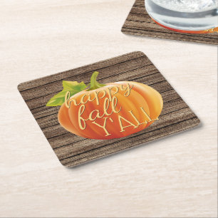 Happy Fall Y'all Orange Pumpkin on Planks Pattern Square Paper Coaster