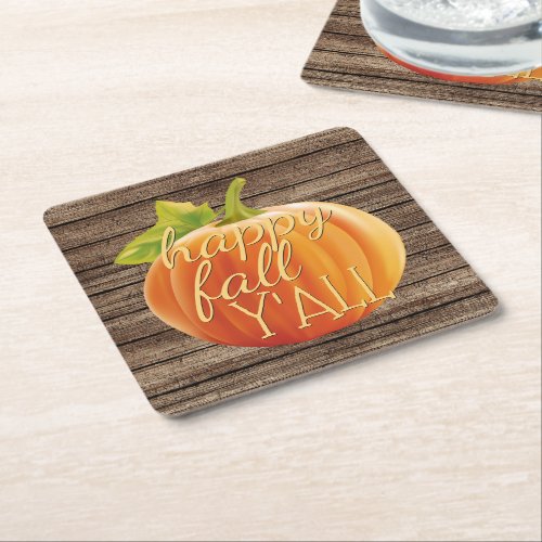 Happy Fall Yall Orange Pumpkin on Planks Pattern Square Paper Coaster