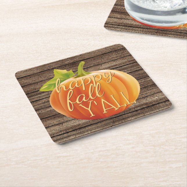 Happy Fall Y'all Orange Pumpkin on Planks Pattern Square Paper Coaster (Angled)