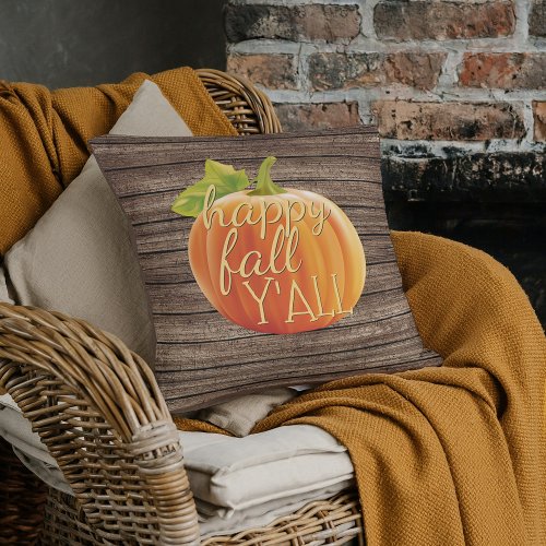 Happy Fall Yall Orange Pumpkin on Planks Pattern Throw Pillow