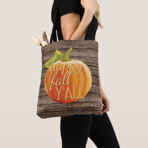 Happy Fall Y'all Orange Pumpkin on Planks Pattern Tote Bag